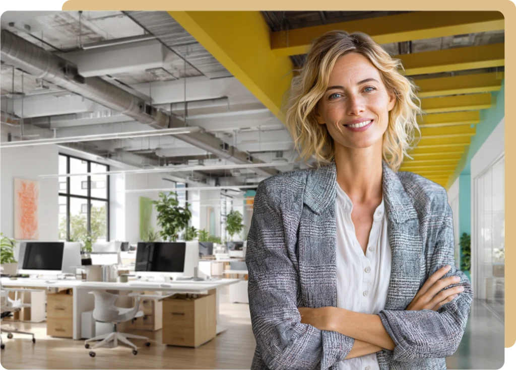 Selbstbewusste Unternehmerin im modernen Büro – strategische Finanzberatung und Controlling von FinanzFreaks